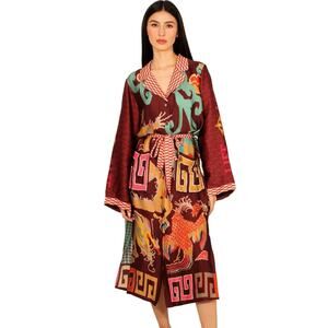 Me 369 Women's Size Small Gwen Belted Dragon Midi Dress Button Down Long Sleeve